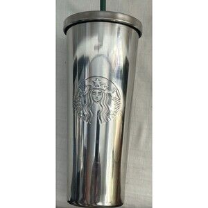 STARBUCKS 24 ounce Cold Cup Chrome Gray Stainless Steel Travel Green Straw